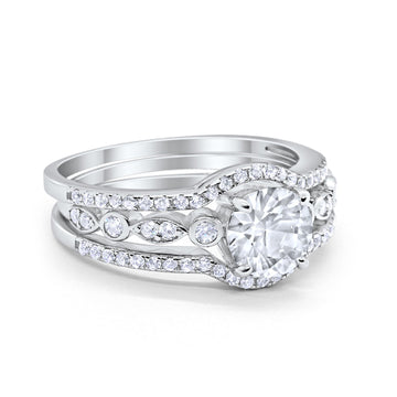 Trio Set Three Piece Wedding Ring Round Simulated Cubic Zirconia 925 Sterling Silver